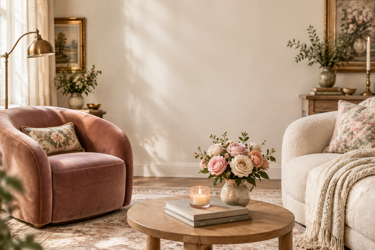Romantic feminine living room banner with blush seating and thoughtfully styled decor