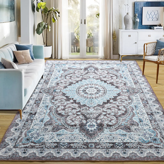 Foxmas 5x7 Area Rugs for Living Room Machine Washable Vintage Rug Non-Slip Low Pile Throw Rugs with Rubber Backing Washable Carpet for Bedroom Dining Room Kitchen Home Decor Brown