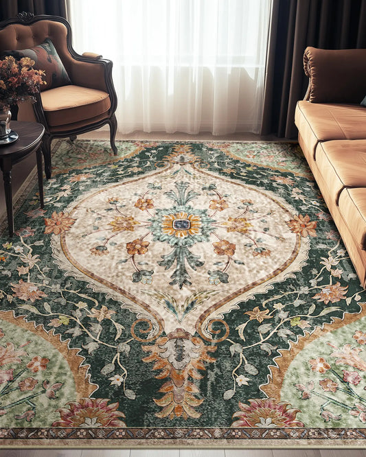 CAPALOCA 4x6 Area Rugs for Living Room Machine Washable Vintage Boho Rugs Bedroom Carpet Non Slip Low Pile Water Repellent Soft Print Pattern Indoor Decor Area Rug Polyester Grassgreen