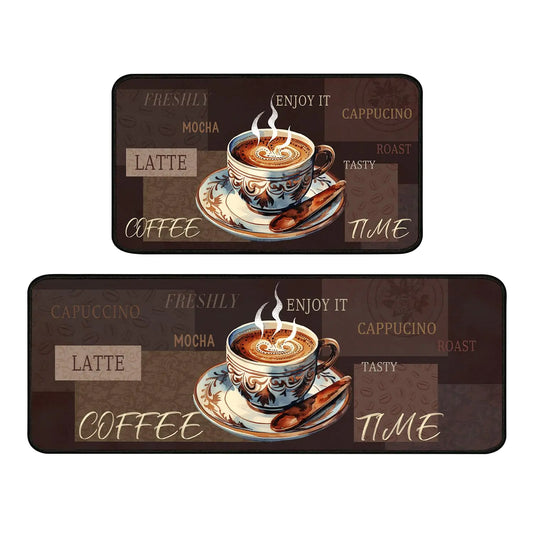UIHGUHO 2 Piece Coffee Themed Kitchen Rug Set Soft and Absorbent Kitchen Floor Mats Vintage Style Decor 17x30+17x47 Inches