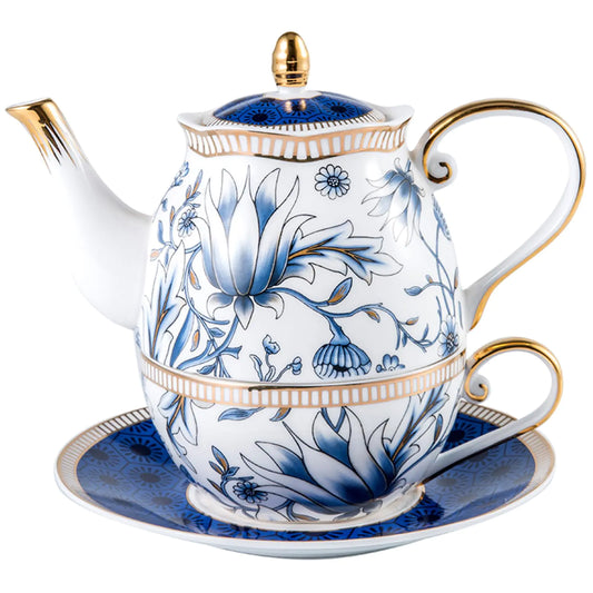 ACMLIFE Tea for One Teapot and Cup Set Vintage Floral Porcelain Tea Set for One Bone China Teapot Set Tea Pot Set Gift for Women (Blue)