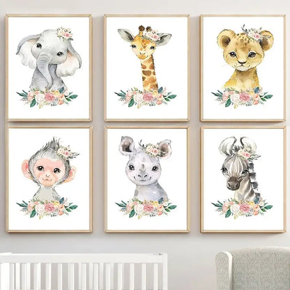 6pcs Cute Animal Flower Wall Art Posters 12x8inch